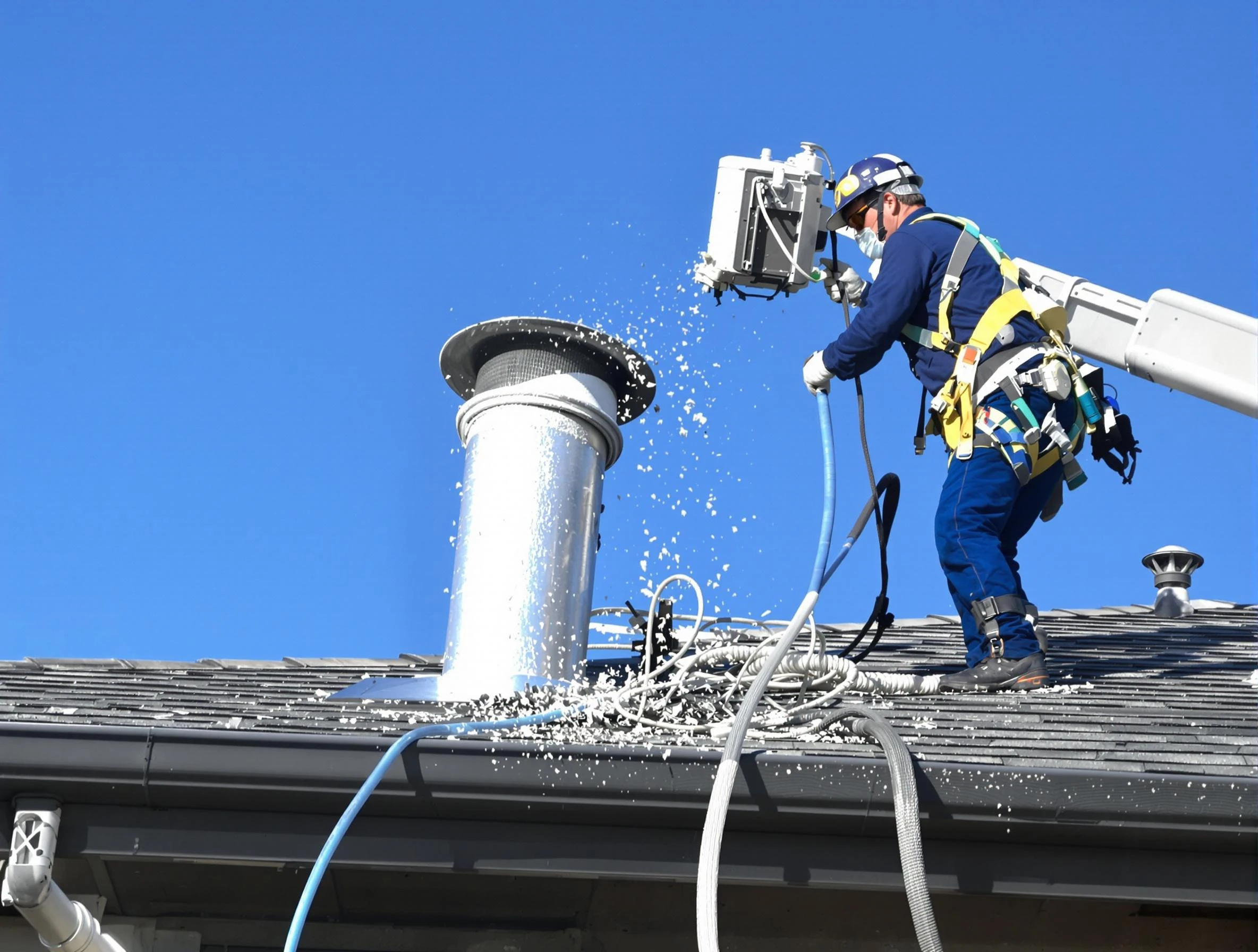 Peralta Dryer Vent Cleaning certified technician safely cleaning a roof-mounted dryer vent in Peralta